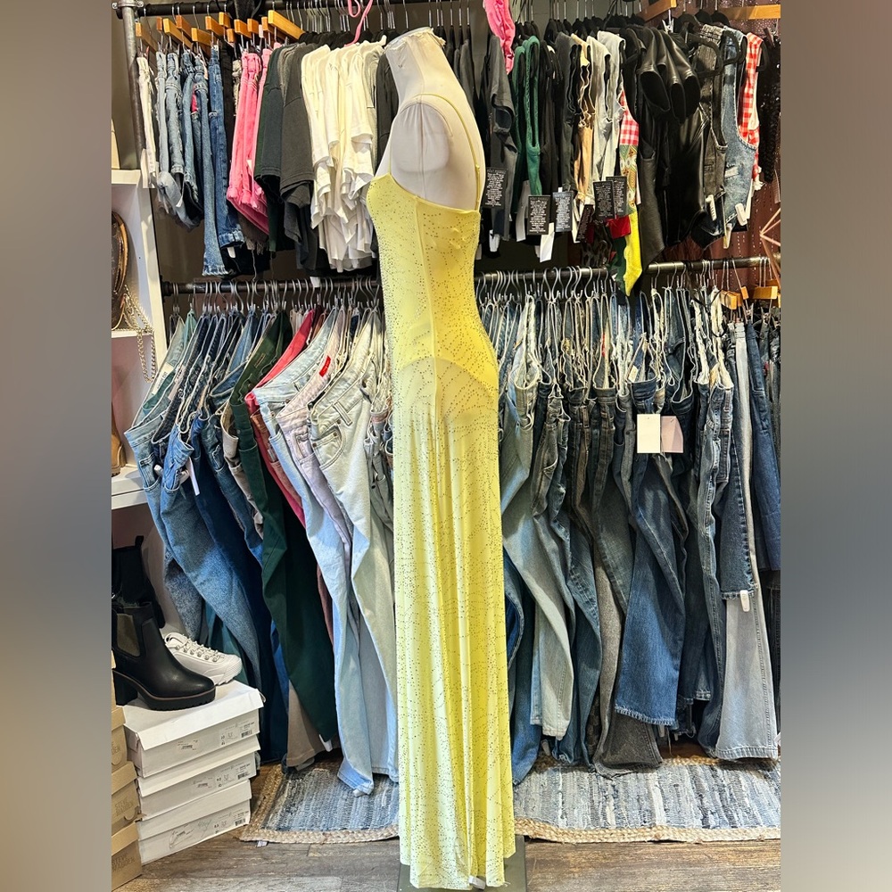 AFRM- Shea Rhinestone maxi bodysuit sheer mesh butter yellow dress new with tags - Picture 3 of 4